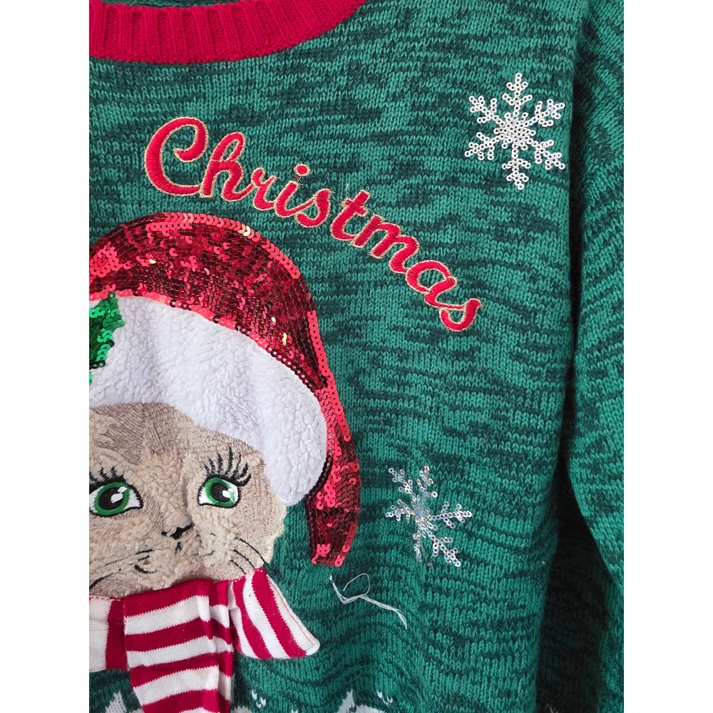 99 Jane Street Meowy Christmas Cat Sweater Green Sequin Jingle Bell Small - Picture 7 of 9